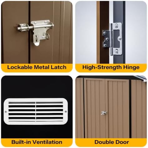 LAUSAINT HOME 8 x 10 FT Outdoor Storage Shed, Heavy Duty Galvanized Steel Storage Shed with Double Lockable Doors, Gable Roof & Air Vent for Backyard & Patio, Brown