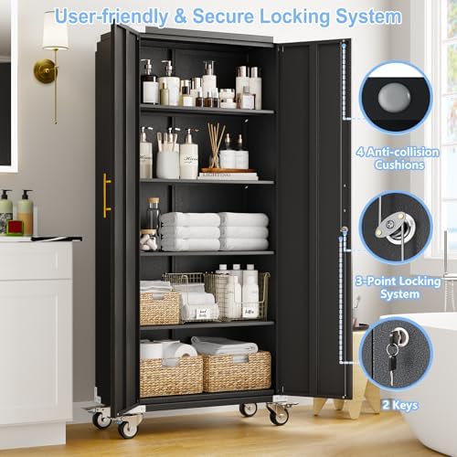 pozdeg 71" Black Tall Lockable Rolling Metal Garage Storage Cabinet ﻿