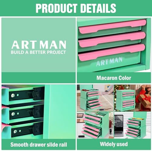 Mini Metal Tool Box, 2+3 Layer Portable Steel Small Tool Chest Cabinet,Stackable Desktop Organizer,Makeup & Stationery Storage Drawers with Handles for Home Office Workshop(Creamy Green & Pink)