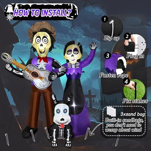 6 FT Halloween Inflatables Decoration, Blow Up Yard Decorations, Day of The Dead Spooky Sugar Skull Couple Guitar and Skeleton Dog, Dia De Los Muertos Décor with Built-in LED for Outdoor