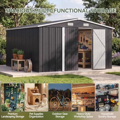 Aoxun 10x12 FT Outdoor Storage Shed with Lockable Double Doors, Black