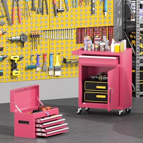 Greenvelly 5-Drawer Tool Chest with Wheels, Pre-Assembled Rolling Tool Chest, Detachable Top Tool Box, Lockable Design, Comes with Drawer Liners & Side Hooks for Garage Workshop Repair Room (Pink)