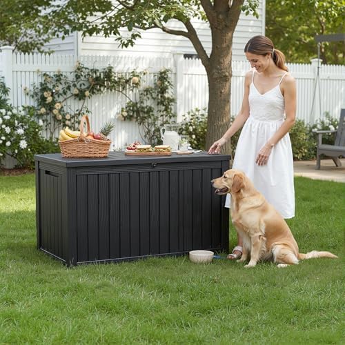DRATO 325 Gallon Outdoor Storage Box Waterproof Large Deck Box, Black