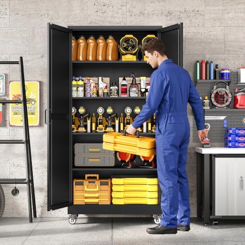 71"Metal Storage Cabinet with Wheels,Garage Cabinets,Pantry Cabinet