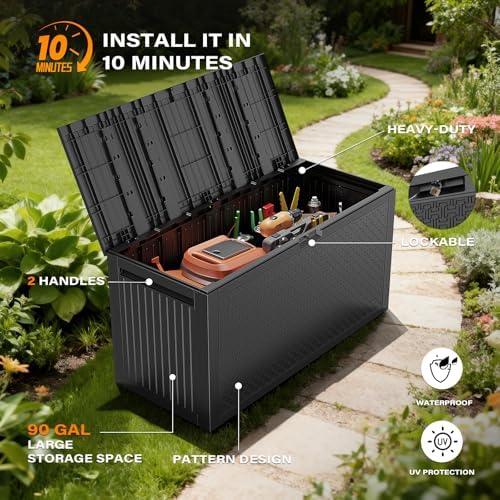 VINGLI 90 Gallon Lockable Durable Outdoor Storage Box, Black