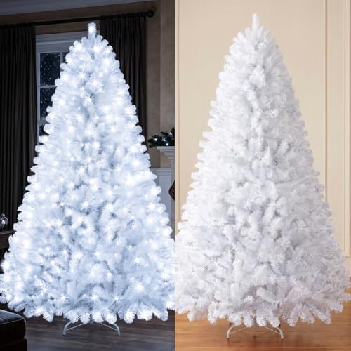 6ft White Prelit Christmas Tree with 300 LED White Lights, 726 Dense Branch Tips, Versatile Holiday Tree for Christmas, Halloween and Party Decor