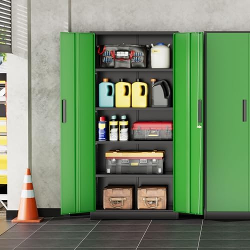 INTERGREAT Storage Cabinet with Doors and Shelves, Metal Garage Storage Cabinets with Lock, Black Lockable Steel Supply Cabinet for Home Office, Warehouse (Black Green)
