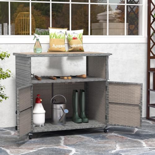 HAPPYGRILL Outdoor Storage Cabinet with Wheels, PE Rattan Deck Box