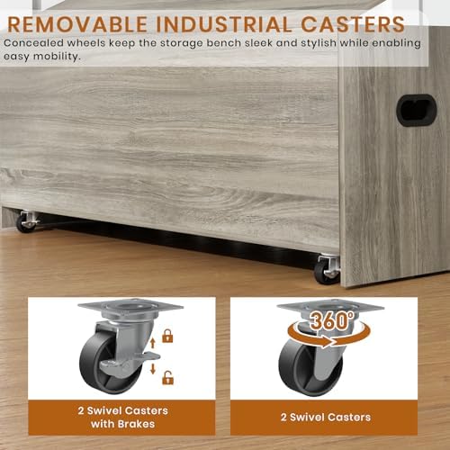 DHZ 47.2 Inch Wooden Storage Bench, Storage Chest with Cushion Seat, 4 Swivel Wheels and 2 Safety Hinges, Entryway Storage Bench for Living Room, Bedroom