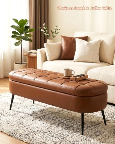 Storage Ottoman Bench, 43.7"PU Leather End of Bed Bench Walnut Brown