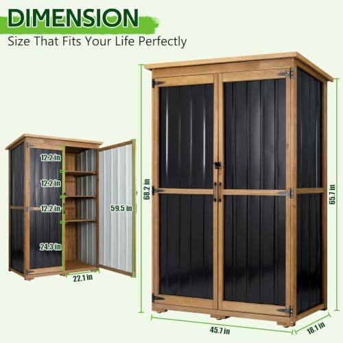 Outdoor Storage Cabinet, Wood & Metal Garden Tool Shed, 46 x 18 x 68 Inches