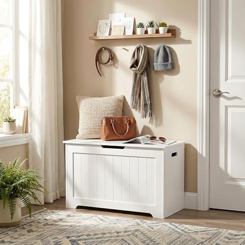 SUPER DEAL Storage Chest, 30 inches Chest Box Organizer with 2 Safety Hinges, Wooden Entryway Storage Bench, White