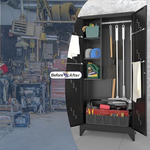 OSEILLC Metal Storage Cabinet with Locking Doors, 75" Tall Garage Cabinet with Hanging Rod, Broom Closet/Freestanding Bathroom Storage Cabinet, Cleaning Tool Storage