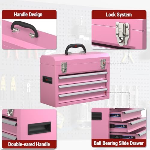 3 Drawers small Tool Box, Portable 3 Drawer Steel Tool Box with Locking System toolbox organization with Liner for Tools Storage (Pink)