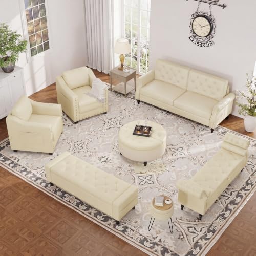 60" Storage Ottoman Bench, Faux Leather Upholstered Bed Bench, Cream White