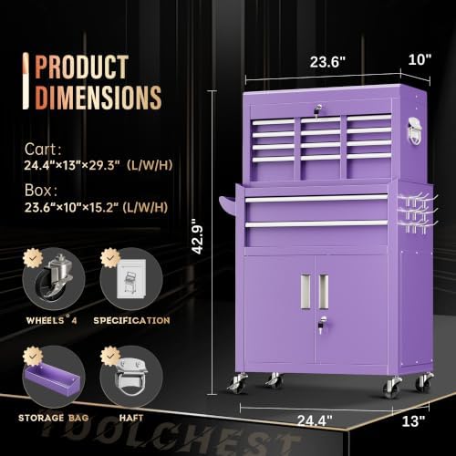 Pataku 8-Drawer Rolling Tool Chest with Wheels, 2-in-1 Detachable Tool Box Organizer, Lockable Mobile Tool Cart with Steel Cabinet & Side Rack for Garage, Workshop (Purple)