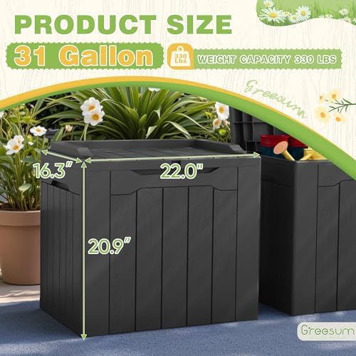 Greesum 31 Gallon Deck Box for Outside, All Weather Outdoor Storage Boxes for Patio Furniture Set, Package Delivery Box,Garden Tools, Gray(Set of 2)