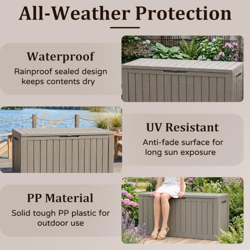 Outdoor Storage Box,100 Gallon Lockable Deck Box with Wheels,Grey