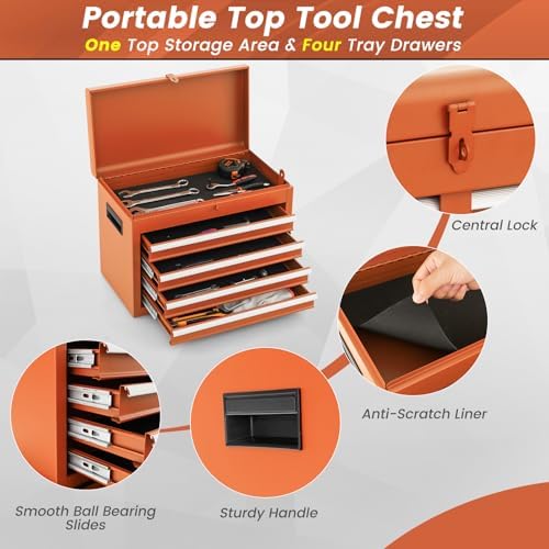 DREAMADE 5-Drawer Tool Chest Combo, Rolling Tool Cabinet w/Detachable Top Tool Box, Adjustable Shelves, Lockable Wheels, Metal Tool Box for Garage, Workshop, Repair Shop Storage (Orange)