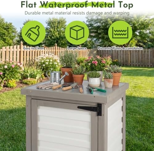 Small Outdoor Storage Cabinet with Waterproof Metal Top, White Wood & Plastic Potting Bench Table with Removable Shelf, Outside Cabinets Work Station for Patio, Balcony,17.9''x17.9''x33.5''