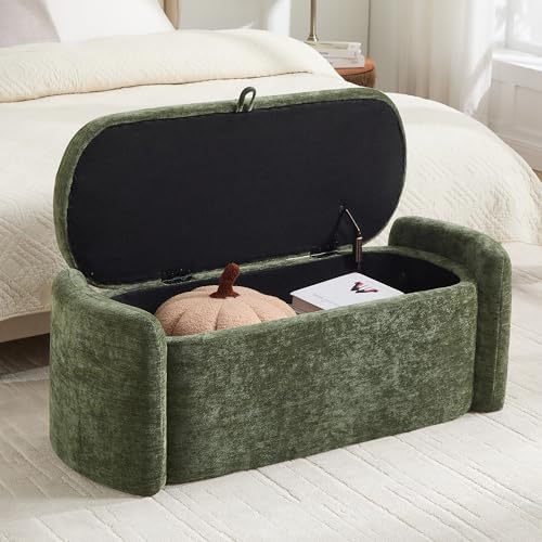 Oval Ottoman Bench with 20 Gal of Storage Space Upholstered Chenille Seat End of Bed Storage Bench Storage Ottoman with Storage for Bedroom, Living Room, Entryway, Window(Green)