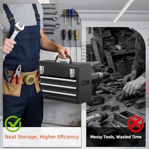Portable Metal Tool Box – 3 Drawers Lockable Mini Toolbox, Heavy-Duty Tool Chest for Workshop & Garage (Black)