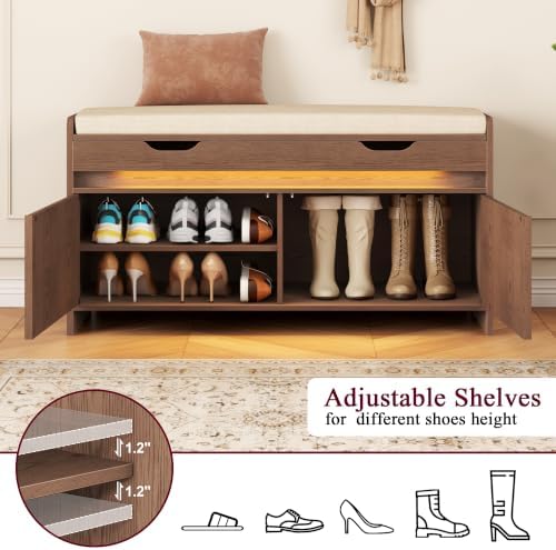 HOMEFORT Shoe Storage Bench, Modern Entryway Bench with Fluted Doors & Built-in LED Sensor Light, Wooden Shoe Bench with Cushion for Hallway and Bedroom, Walnut