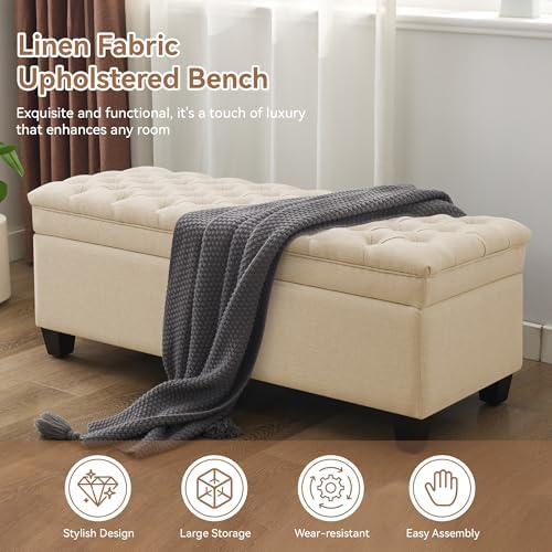 WUTUTUEE 50" Fabric Storage Ottoman Bench, Upholstered Rectangle End of Bed Storage Ottoman Tufted Living Room Bedroom Bench with Safety Hinge, Solid Wood Legs, Loads 500 lb(Khaki)