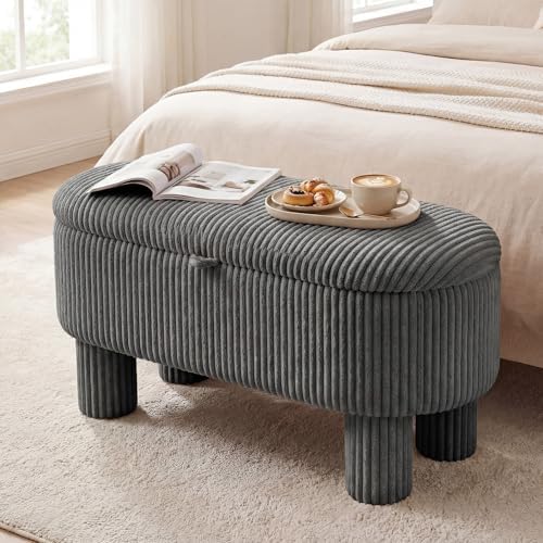 GIANTEX 42'' Storage Ottoman Bench, Corduroy Fabric Upholstered End of Bed Bench with Hidden Storage Compartment & Legs, Blanket Storage Chest for Living Room, Bedroom, Entryway (Gray)