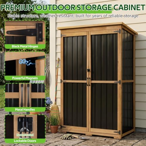 Outdoor Storage Cabinet, Wood & Metal Garden Tool Shed, 46 x 18 x 68 Inches