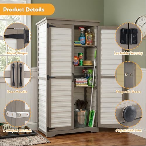 Outdoor Storage Cabinet, Wood & Plastic Garden Shed with Adjustable Shelves
