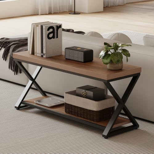 IBF Rustic Entryway Bench with Storage, Rustic Oak Wood and Metal Bench
