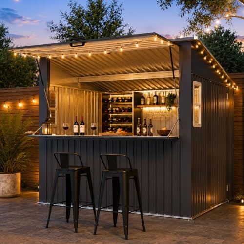 Aoxun 8x7 FT Outdoor Bar Shed with Canopy Dark Gray