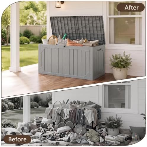 100 Gallon Outdoor Storage Box, Waterproof Large Resin Deck Box Lockable, Outside Storage Bin for Backyard Porch Patio Furniture Garden Tools, Grey