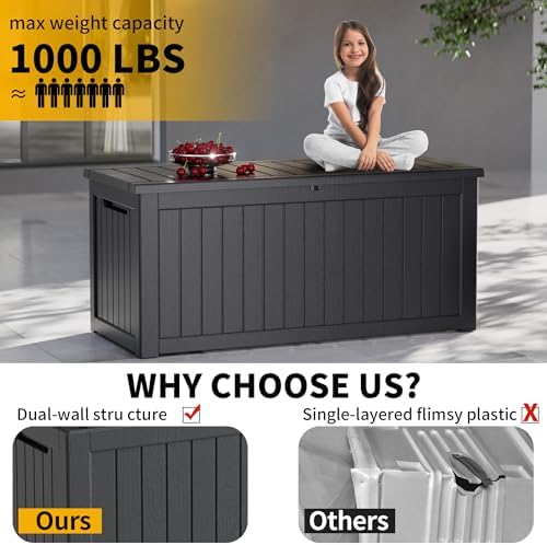 300 Gallon Resin Deck Box Waterproof Outdoor Storage Box for Patio Furniture Pool Accessories Indoor Storage for Cushion Garden Tools, Black