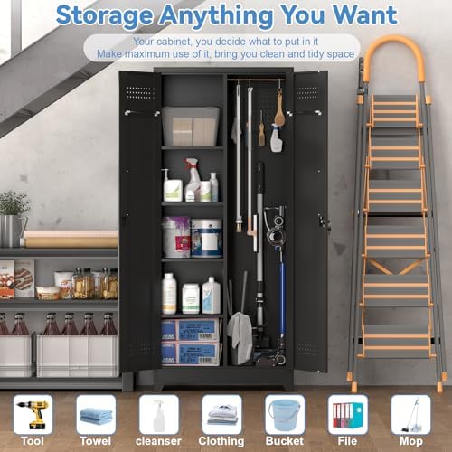 IRONFFICE Metal Utility Closet,Broom Closet Storage Cabinet with Doors and Shelves,Locking Storage Cabinets for Home Office,Gym,Laundry,Black