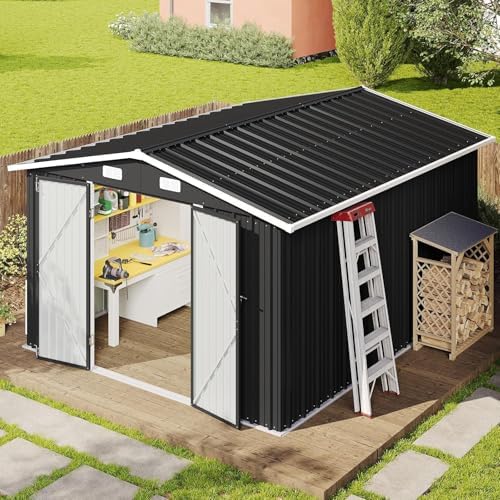Aoxun 10 x 12FT Outdoor Storage Shed with Double Hinged Large Door, Black