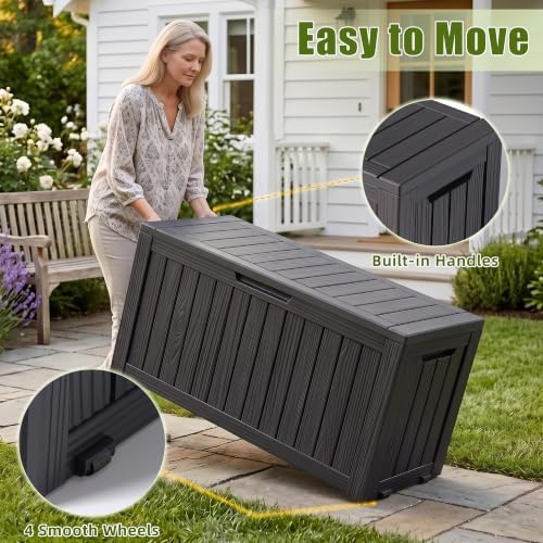 140Gal Outdoor Storage Box with Portable Wheels, Waterproof Deck Boxes