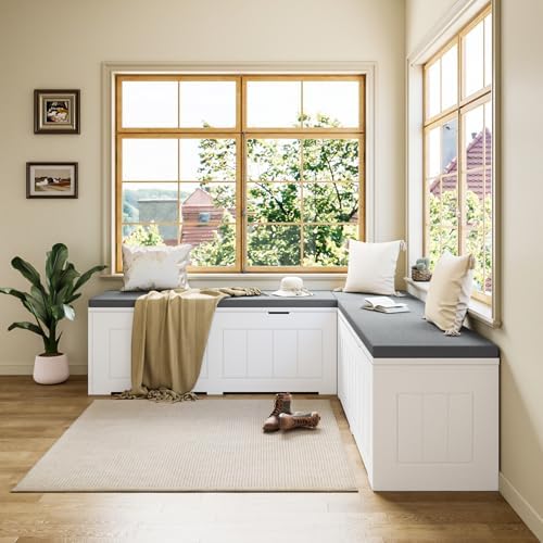 L Shape Corner Bench with Storage, Breakfast Nook Bench, Flip-Top Shoe Storage Benches with Cushion for Entryway, Hallway, Living Room, White & Grey