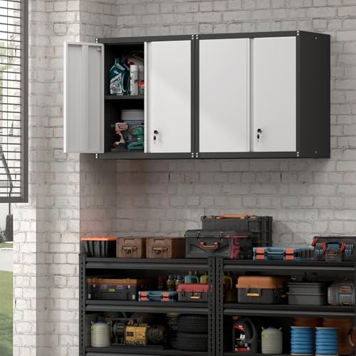 Steel Wall Cabinet, Heavy Duty Hanging Garage Storage Cabinet with Adjustable Shelf & Locking Doors, Wall Mounted Metal Garage Cabinet for Workshop, Utility Room, Shed, Black/Grey