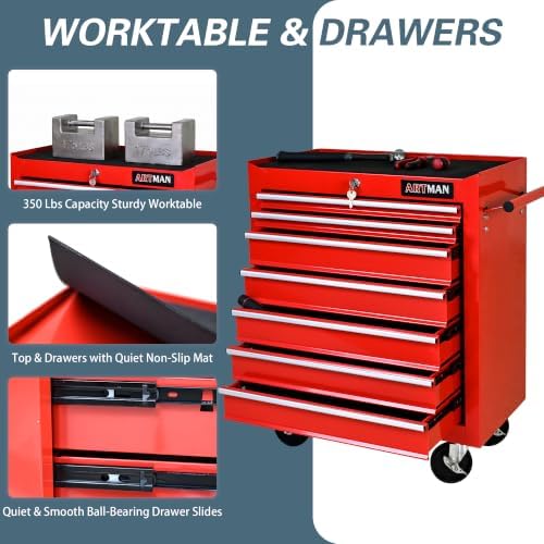 7 Drawers Rolling Tool Chest on Wheels, Multifunctional Tool Cart Tool Storage, Drawers Rolling Tool Trolley Organizer Tool Case for Garage,Warehouse,Workshop,Repair Shop (7 Drawers-Red)