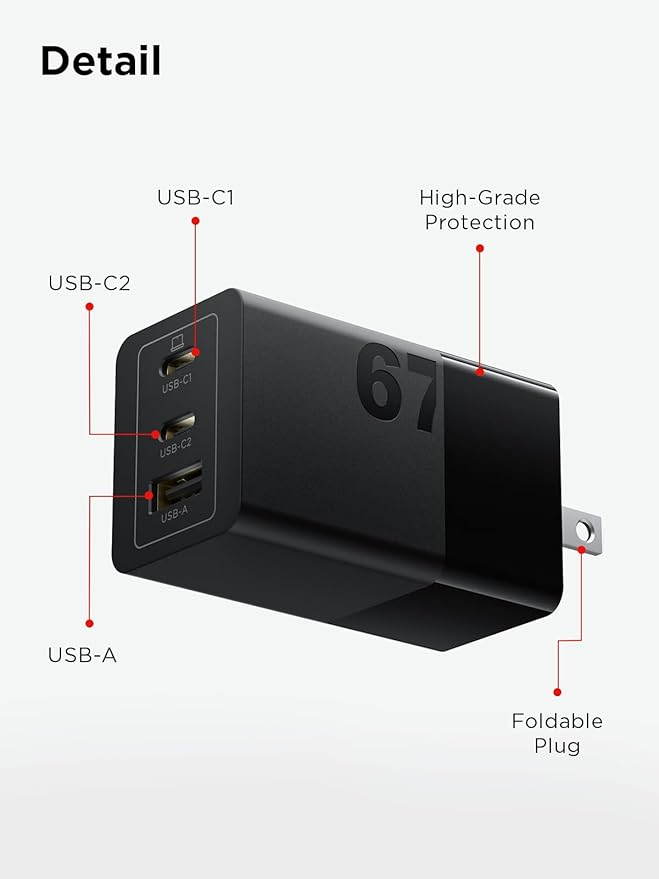 Lenovo 67W USB-C Charger, 3-Port Multi-Device Fast Charging, Advanced GaN