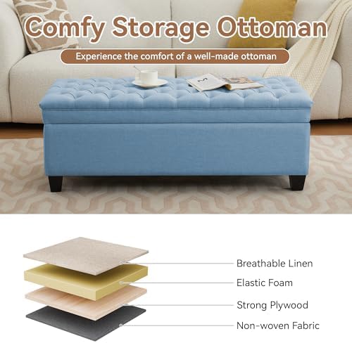 WUTUTUEE 50" Fabric Storage Ottoman Bench, Upholstered Rectangle End of Bed Storage Ottoman Tufted Living Room Bedroom Bench with Safety Hinge, Solid Wood Legs, Loads 500 lb(Light Blue)