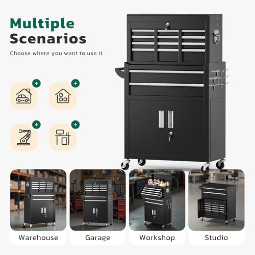 Greenvelly 8-Drawer Tool Chest with Wheels, Pre-Assembled Rolling Tool Chest, Detachable Top Tool Box, Lockable Design, Comes with Drawer Liners & Side Hooks for Garage Workshop Repair Room (Black)
