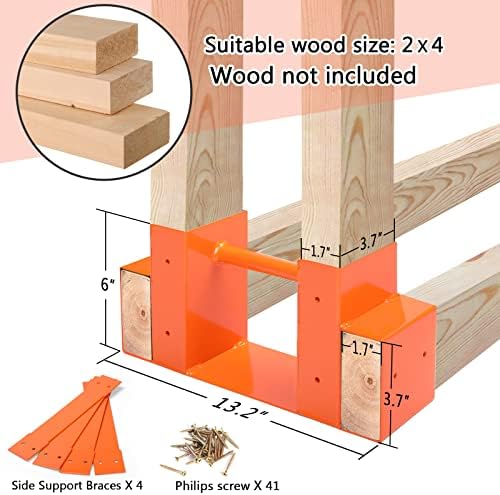 MOFEEZ Outdoor Firewood Log Storage Rack 2x4 Bracket Kit, Fireplace Wood Storage Holder, Adjustable to Any Length - Orange, Two Bases
