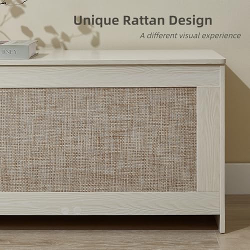 51.2" Storage Chest Large,Wooden Rattan Storage Bench.(White Cream)