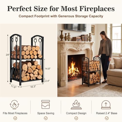 FEED GARDEN Firewood Rack Log Holder with 4-Piece Fireplace Tool Set, 29" H