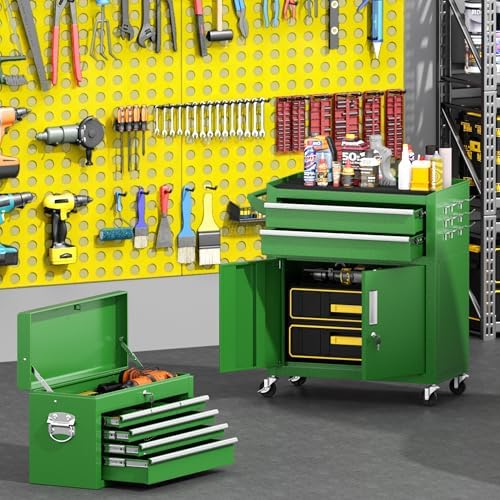 Greenvelly 8-Drawer Tool Chest with Wheels, Pre-Assembled Rolling Tool Chest, Detachable Top Tool Box, Lockable Design, Comes with Drawer Liners & Side Hooks for Garage Workshop Repair Room (Green)