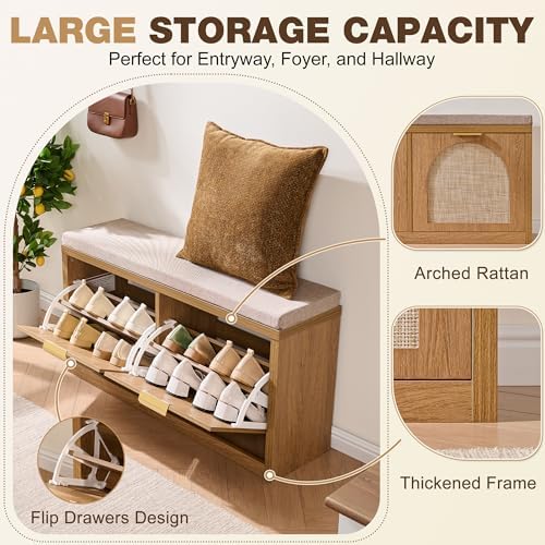 Rattan Narrow Entryway Bench with Shoe Storage, 2 Flip Drawers & Coat Rack, Mid-Century Modern Wood Shoe Cabinet with Seat Cushion for Foyer/Hallway (Rustic Oak Rattan)