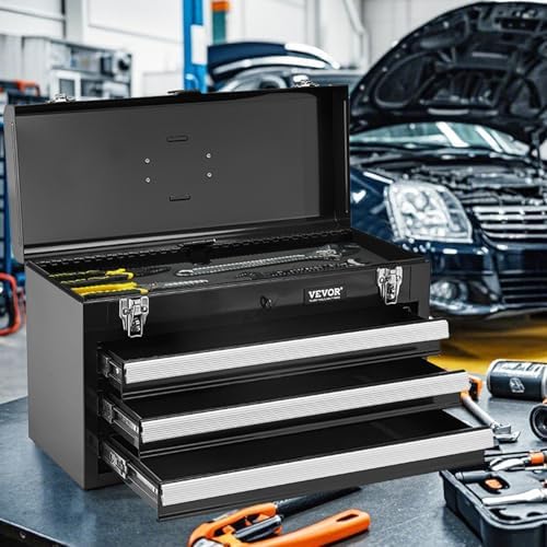 VEVOR Metal Tool Box, 20.5-inch, Portable Metal Tool Box with 3 Drawers, Small Tool Chest with EVA Liners, Ball Bearing Slide Drawers Locking & Powder Coated Finish, Multi-Function Tool Organizer
